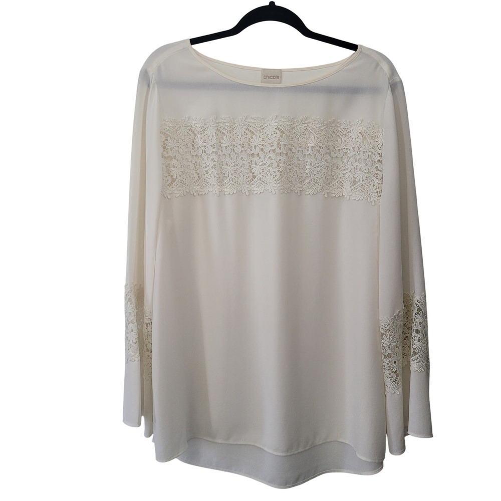 Chicos Ivory Lace Crochet Panel Blouse Off‎ White Boat Neck Top Size 3 XL 16